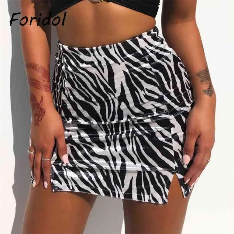 Zebra-Druck Samt Seitenschlitz figurbetonte Miniröcke Frauen Sexy hohe Taille Schmetterling Tier kurze Böden 210427