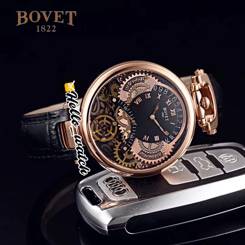 Bovet 46mm Tourbillon Amadeo Fleurie Mens Watch Steel Case Black Skeleton Dial Leather Strap Quartz 2024