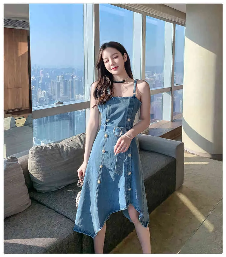 Chic Pearl Double Breasted simple denim dress with Spaghetti Straps for Women Slim Fit and Fashionable