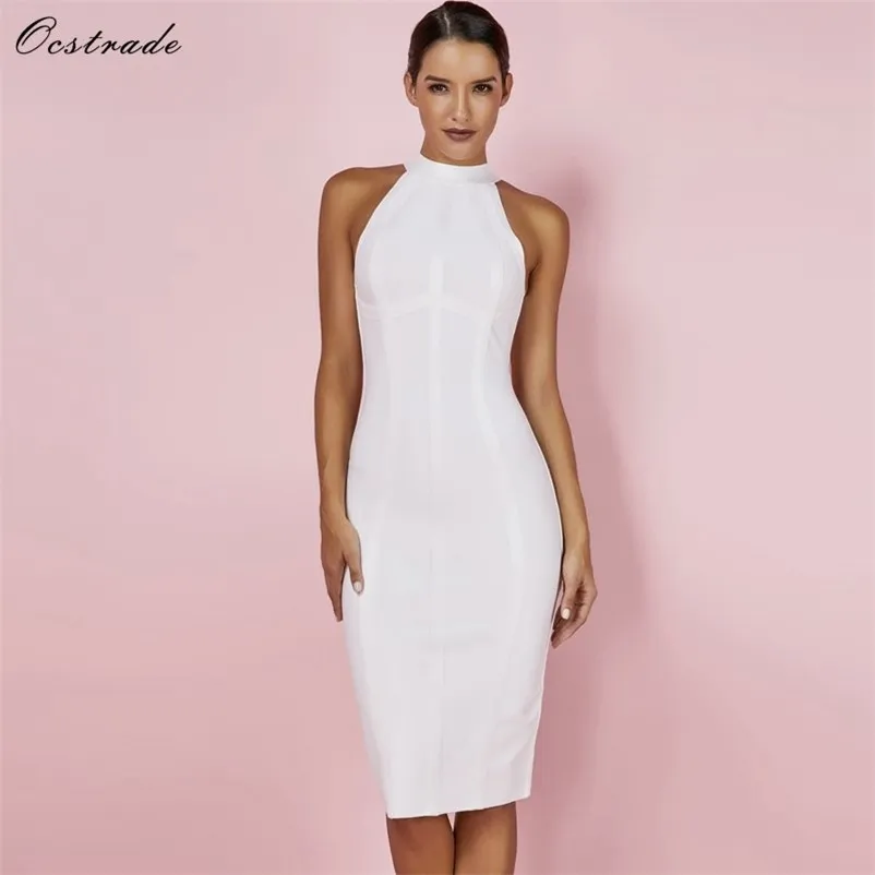 Save Big on Bulk White Bodycon Bandage Dress Ocstrade White Bandage Dress  Sexy Halter Striped Midi Bodycon Dress High Quality Rayon Best Deals on 