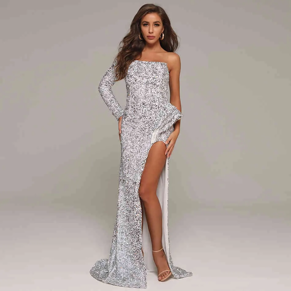 Summer Women Silver Sequins One Shoulder Long Sleeve Dress Sexy Floor Length Club Evening Runway Party Maxi 210423