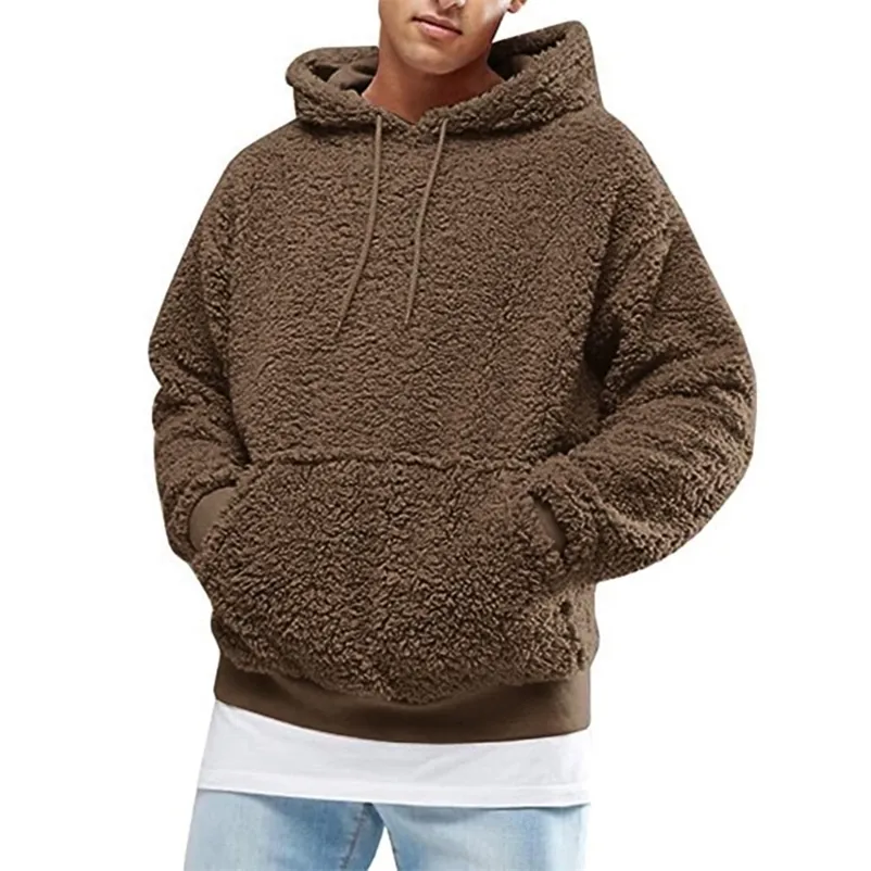 Mannen Jongens Winter Dikker Pluche Sweatshirt Met Lange Mouwen Trui Trekkoord Hoodie Tops Met Zak Pluizige Kangoeroe Uitloper S-3XL 220114