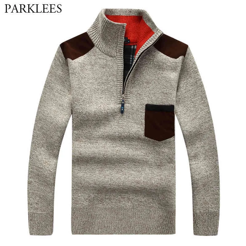 Dikke Warme Patchwork Mens Pullover Trui Turtleneck Half Zip Mens Sweaters Mode Pocket Splice Mannen Winter Lange Mouwjas 210524