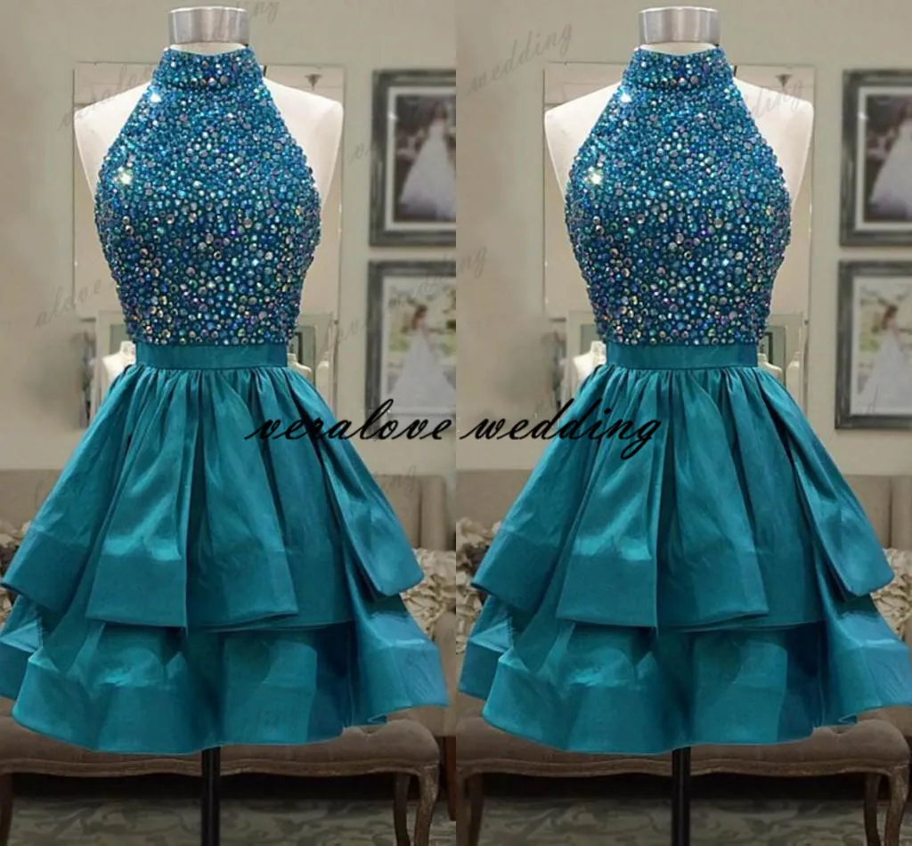 Turquoise Green Satin Homecoming Dresses Halter Neck Sleeveless Crystal Ribbon Ruffles Keyhole Back Short Prom Party Dresses Cocktail Dress