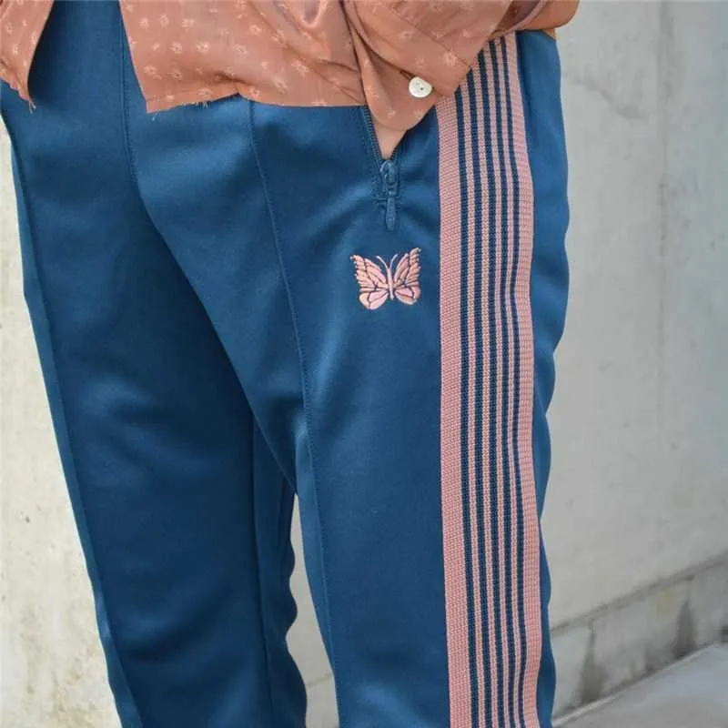 Dark Blue Needles Track Pants With Butterfly Embroidery Mens