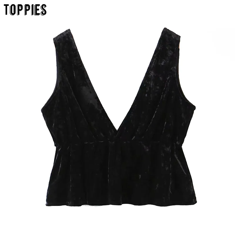 Toppies Automne Hiver Élégant Noir Velours Tops Femme Sans Manches Réservoirs Sexy Club Wear Col V Profond 210412