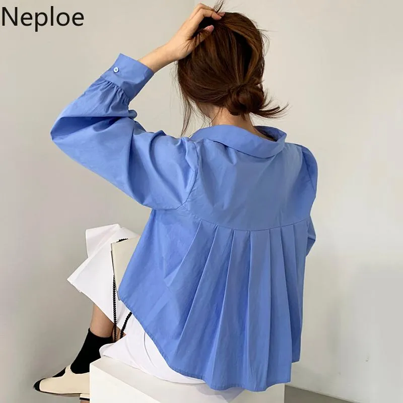 Women's Blouses & Shirts Neploe Korean Chic Blouse Women Turn-down Collar Back Pleated Loose Irregular Long Sleeve Tops Temperament Blusas M
