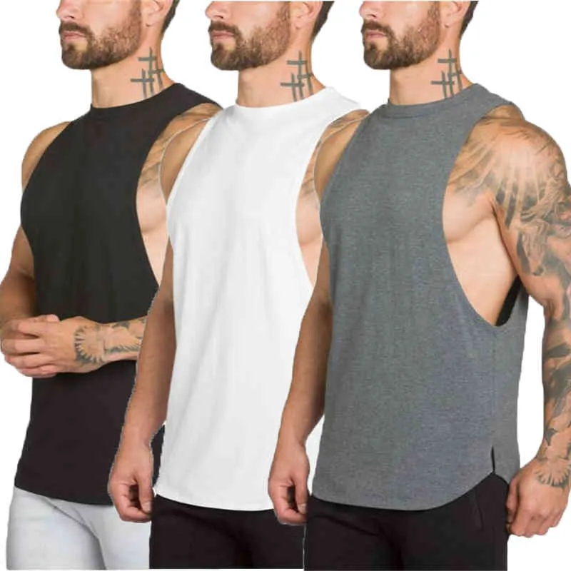 3 pack mens tank toppar gym kläder fitness väst solid ärmlös tröja bomull mode man canotte bodybuilding träning singlets 210421