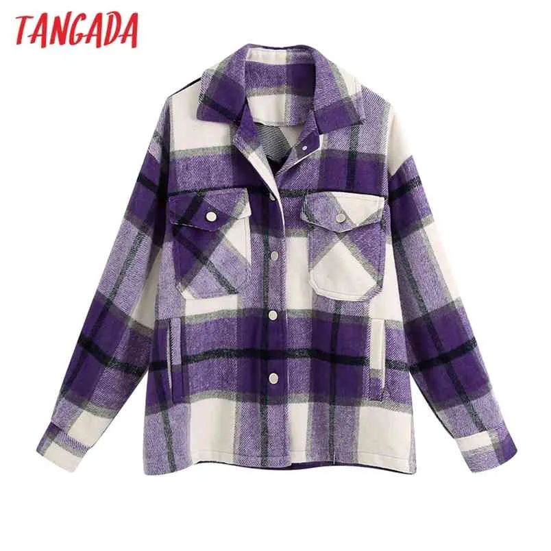 autumn winter Women purple plaid Print chic jacket pocket long sleeve Outwear female casual Coat Tops BE798 210416