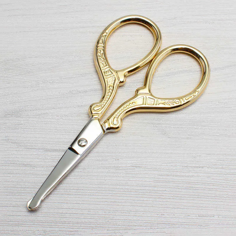 Stainless Steel Handmade Scissors Round Head Nose Hair Clipper Retro Gold Plated Household Tailor Shears For Embroidery Sewing Beauty Tools