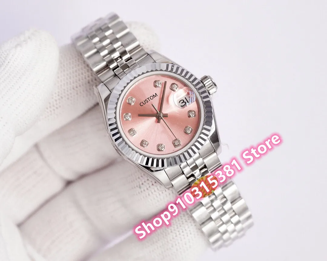 Classic New Women Stainless Steel Automatic Mechanical watch Silver Pink Geometric Diamonds Wristwatch Female Date Clock 28mm