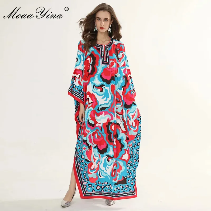 Модные дизайнерские взлетно-посадочные полосы весной Летние женщины платье Batwing рукав многоцветный печать плюс размер свободные Maxi платья 210524