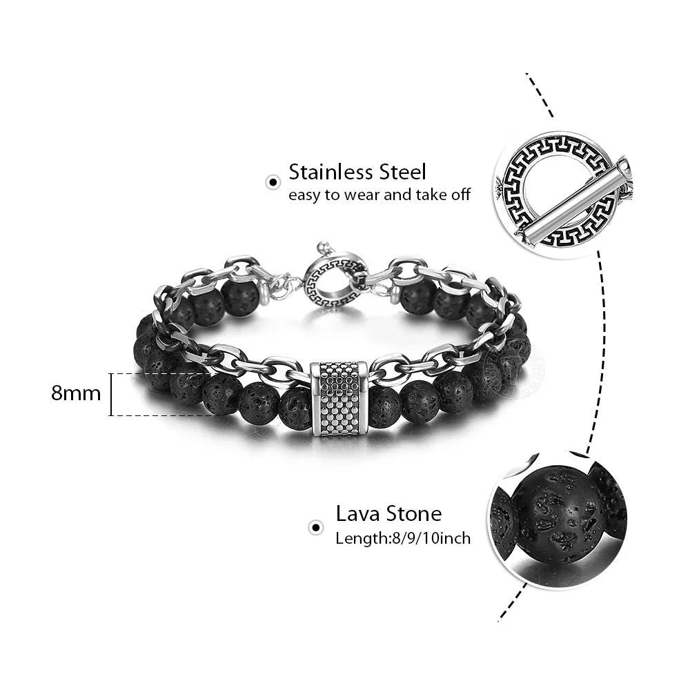 8MM Double Layers Stone Beaded Bracelet for Men Boys Lapis Lazuli Hemitate Metal Lava Stone Stainless Steel Cable Chain TBX00109 Y1125