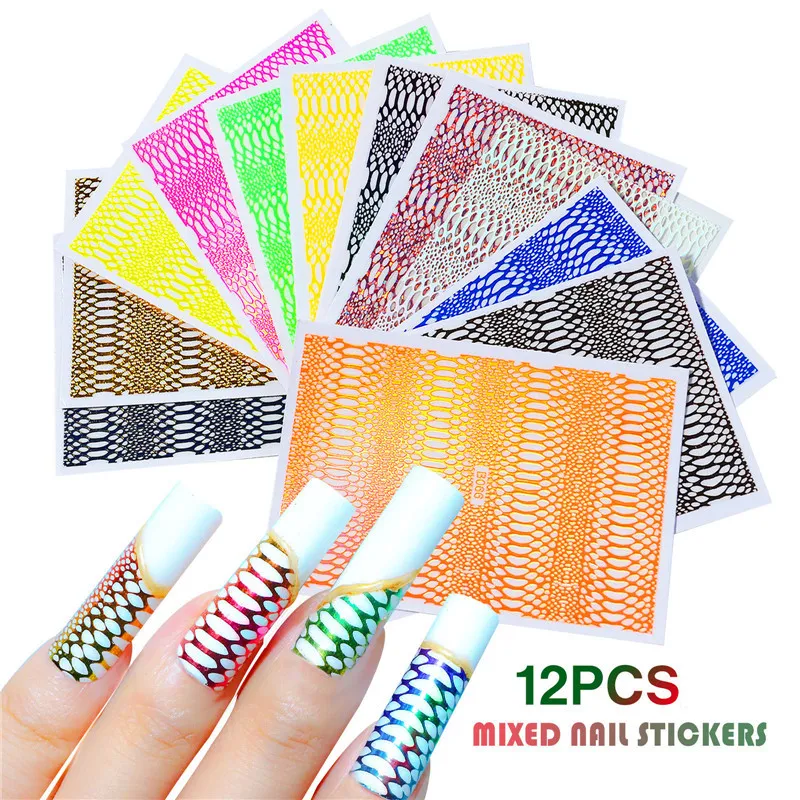 12Sheets Mieszany Wąż Wąż Nail Naklejki Hollow Strip Nails Art Naklejki Samoprzylepne DIY Manicure Narzędzie Naklejka