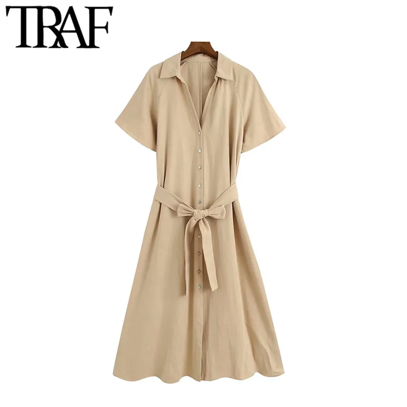 TRAF Women Fashion met riem button-up midi jurk vintage revers kraag korte mouw vrouwelijke jurken Vestidos mujer 210415