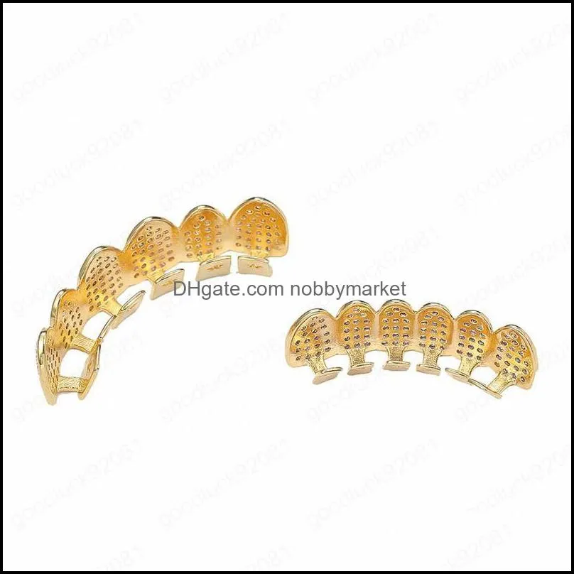 Hip Hop Grillz Pave Pink CZ Stone Iced Out Mouth Teeth Grills Caps Top & Bottom Tooth Set Gold Color Men Women Vampire Grills