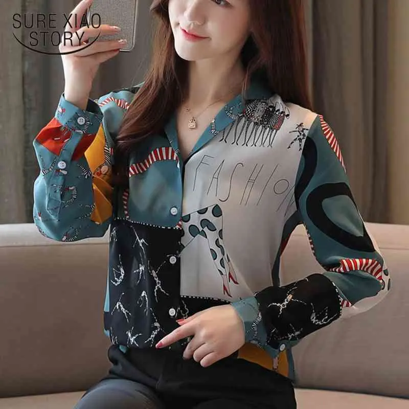 Blusas Mujer De Moda Autumn Tops Offfice Print Shirt Fashion Women Long Sleeve Suit Collar Chiffon Shirts 6098 50 210417