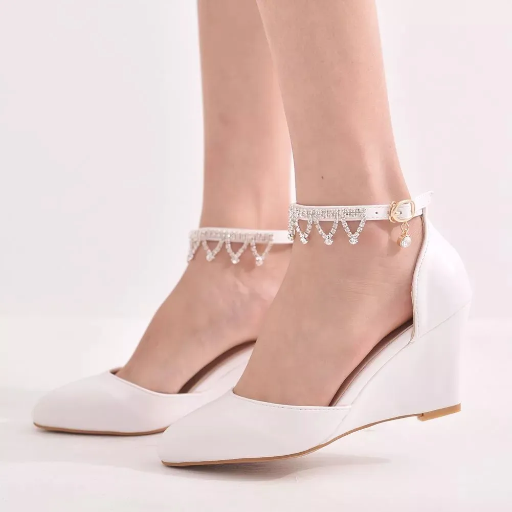 Spring Pointed Toe Wedge High Heel Lace Sandals Tassel Pearl Party Dress Women Large Size Bride Bridesmaid Wedding Shoes