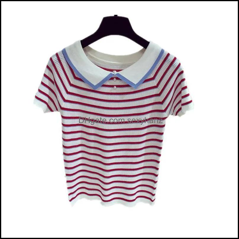 Women`s T-Shirt Knitted Short Sleeve Pearl Stripe T-shirts Tops Girls Knitting Stetchy Tees T Shirts Top For Female