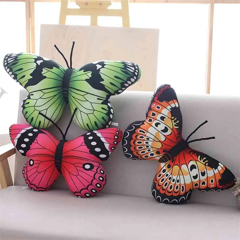 Färgglada Butterfly Plush Pillow Stuffed LifeLike Throw Kudde Hem Sofa Dekoration 210728