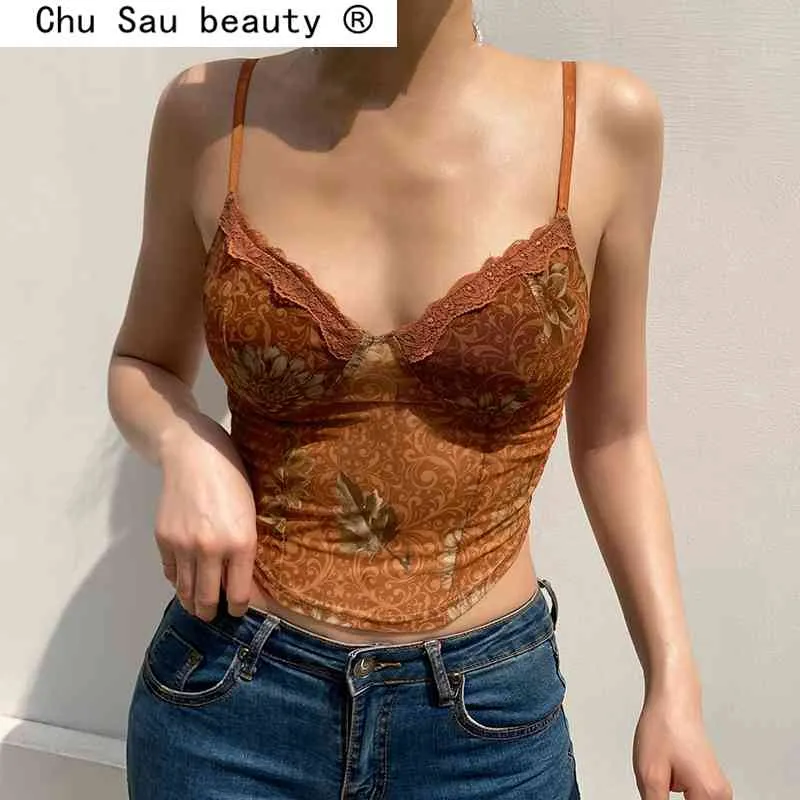 Floral Camis y2k Brown Crop Top Lace Frill Cute Corset Spaghetti Strap Sweats Harajuku Tee Women Beach Vests 210514