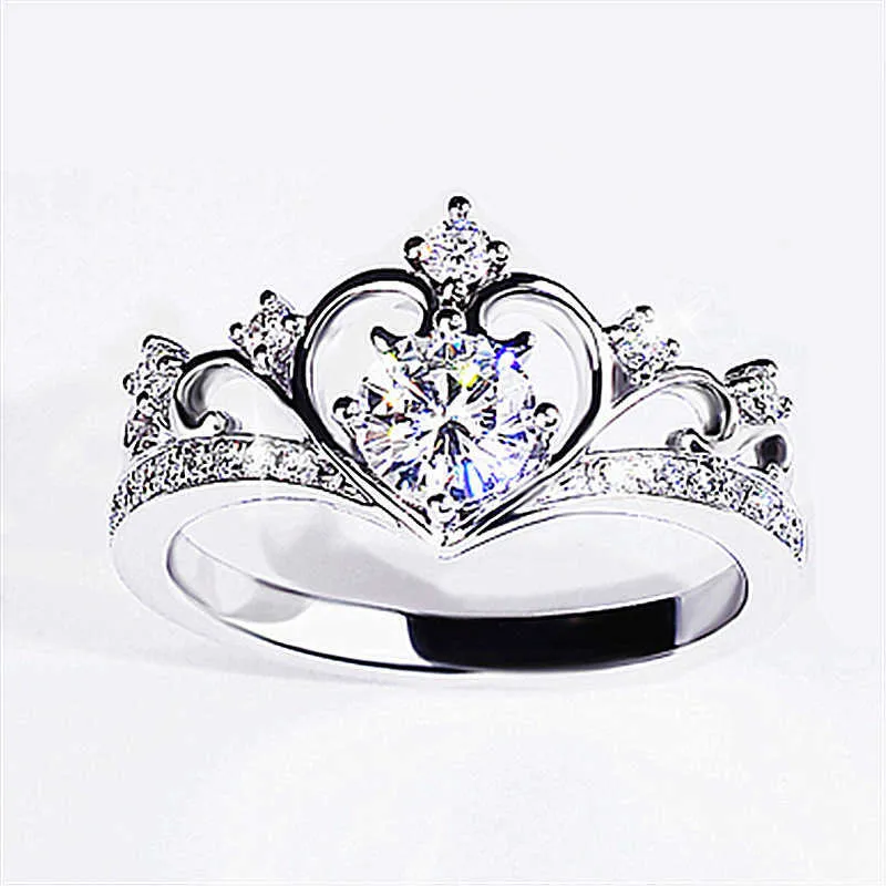 Bagues pour femmes Bijoux en cristal Bague en diamant coeur doux coeur de pêche, plaqué or blanc 18 carats, couronne de princesse, grappe douce pour les styles de bande féminine