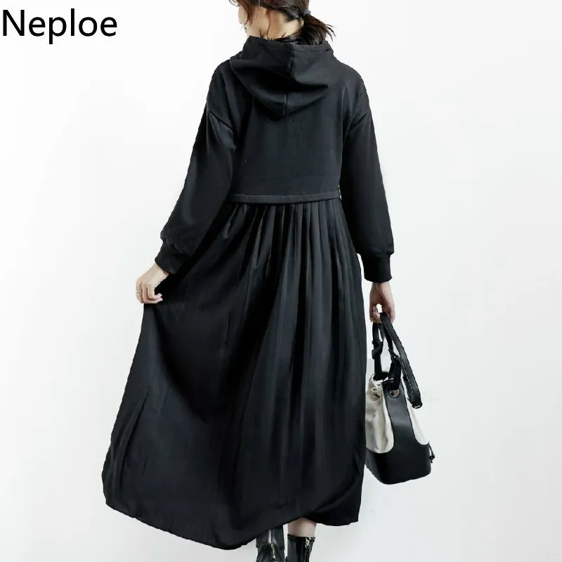 Neploe Maxi Dress for Women Hooded Patchwork Hoodie Dresses Fall Clothes Robe Korean Chic Loose Casual Thicked Vestidos 4G154 210422