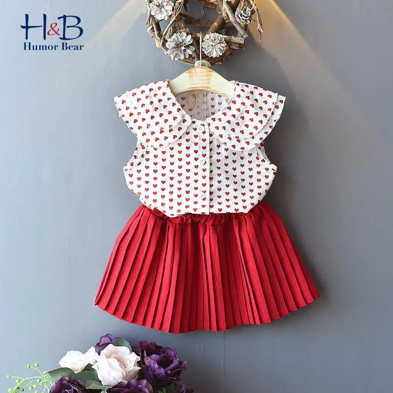 Humor Bear Summer Girls Clothes Set New Lapel Sleeveless Heart Printed T-shirt+ Skirt 2PCS Toddler Clothes X0902