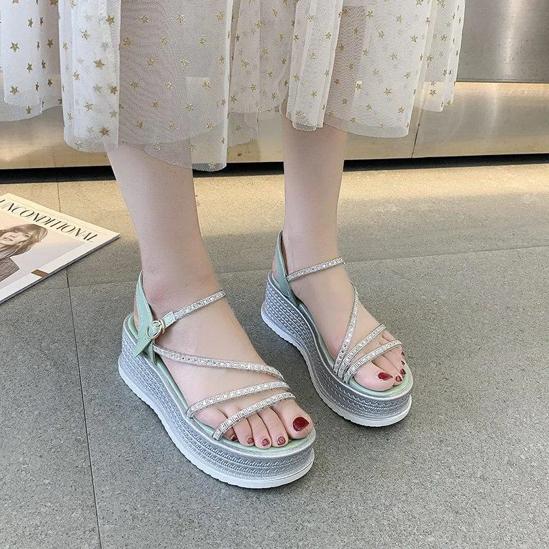 Platform Wedge Sandals Women Thick Sole Shoes Summer Crystal Ribbon Open Toe Zapatillas Mujer