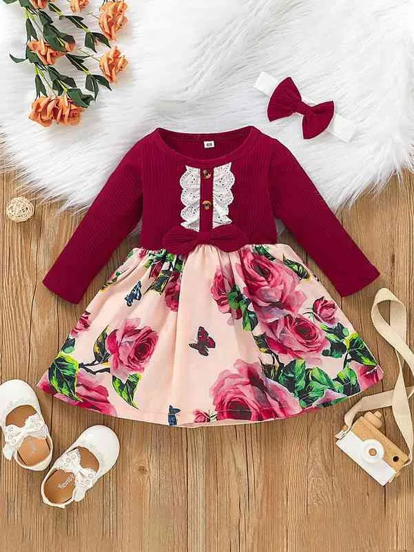 Baby Floral Schiffy Trim Bow Front Dress With Headband SHE