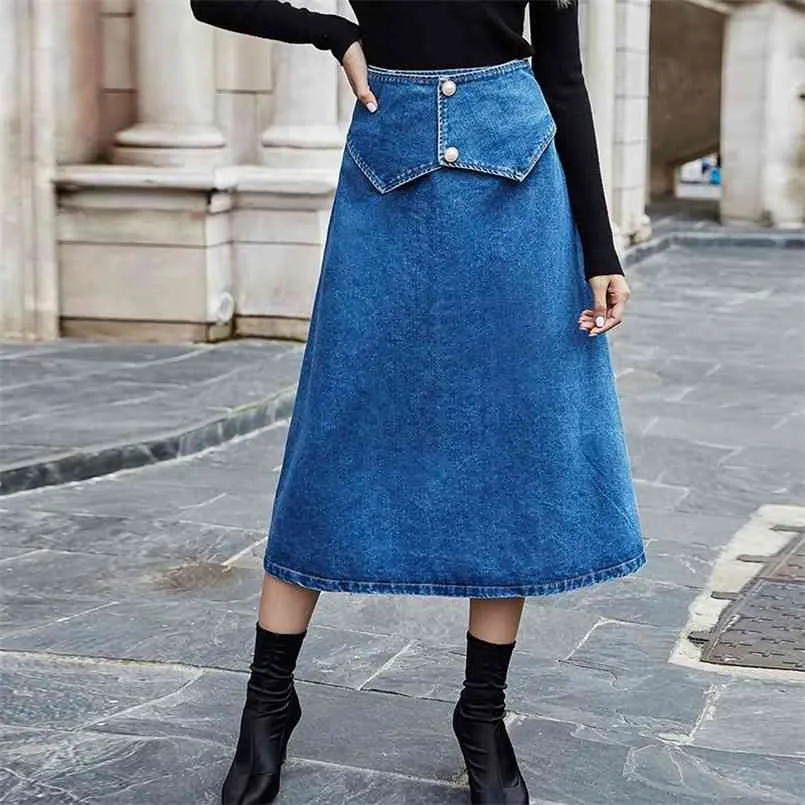 Fashion Stitching Pearl Button Denim Long Kjol Kvinnor Höst och Vinter Denim Skirt Womens Mid-Calf Vintage Skirts 210508