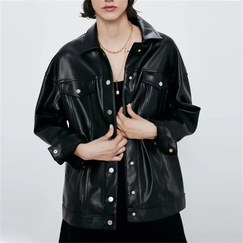 Autumn black Faux Leather Jackets women PU biker jacket zipper Streetwear Punk Motorcycle Coat ladies fur outwear 210521