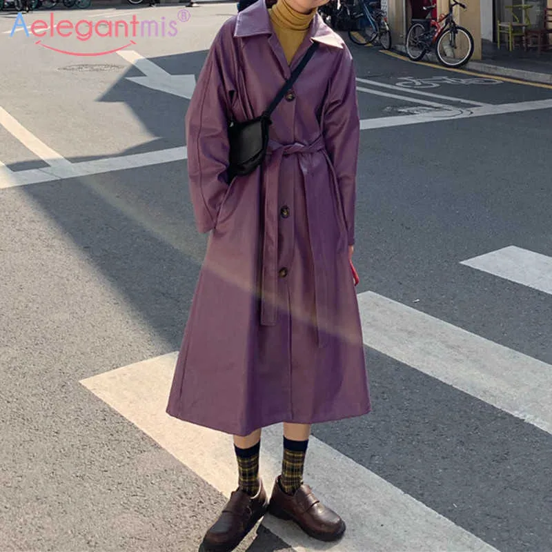 Aelegantmis Coréen Casual Lâche Violet Faux Cuir Robe avec Ceinture Femmes Printemps Ceintures Longue PU Veste Femme Moto Outwear 210607