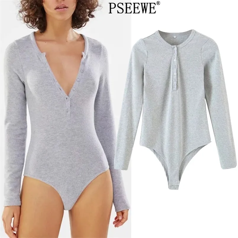 Sexy v pescoço de malha bodysuit mulheres botão cinzento manga longa macacão feminino moda macacão casual macacão 210519