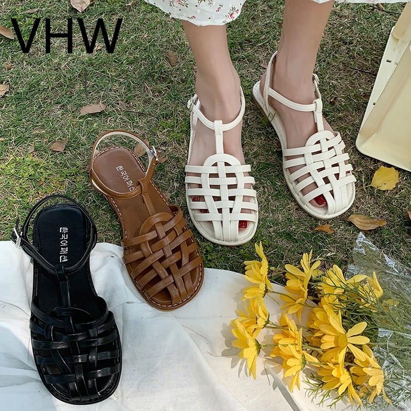 Women Flats Sandals 2021 Summer Casual Cross Weaving Closed Round Toe Leather Shoes Vintage Fashion Brown Female Casual Shoes YJ5674H