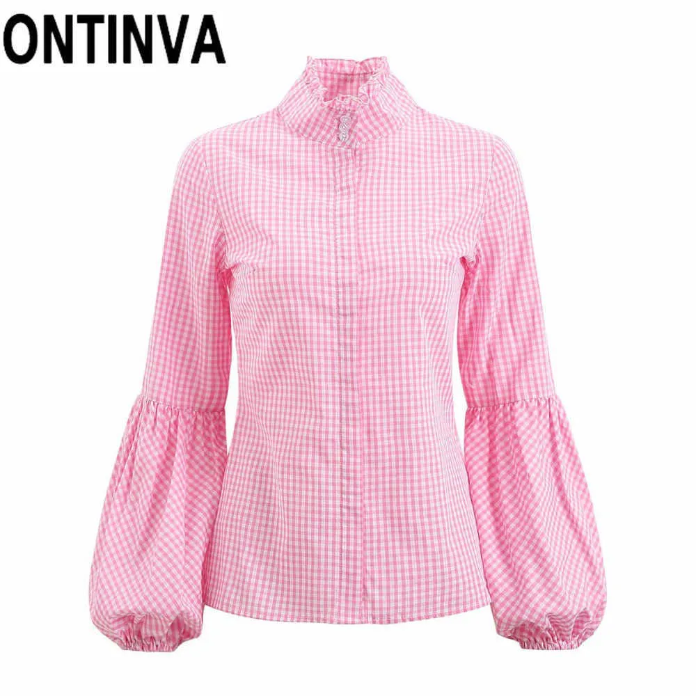 Dégagement Femmes Blouse Rétro Rose À Carreaux Coton Chemises Lanterne Grille Manches Longues Ruché Col Roulé Bouton Tops Blusas Casual 210527