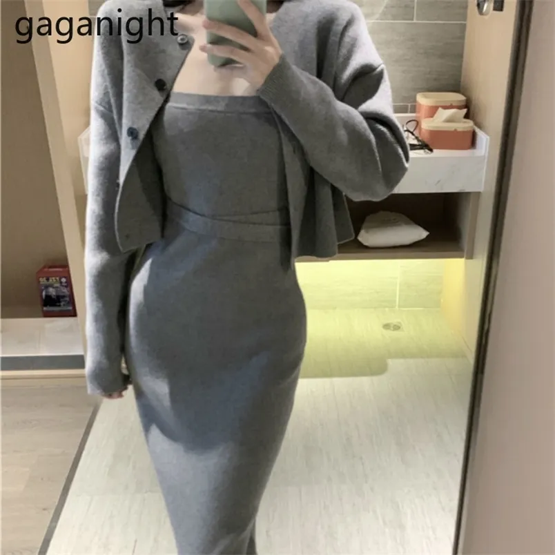 Casual Women Two Pieces Set Long Sleeve Knited Sweaters Cardigans Midi Bodycon Slip Dresses Lady Suit 2 Outfits 210601
