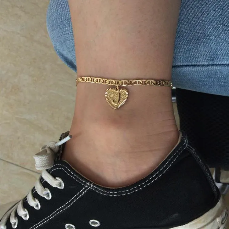 Heart Initials Ankle Bracelet 14k Gold Plated Letter Anklet Barefoot Beach Jewelry Accessories Leg Bracelets for Women Girl