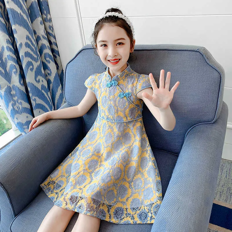 Chinese Cheongsam Princess Dress Baby Letnie Dziewczyny Sukienka Dla Dzieci Ubrania Z Krótkim Rękawem Bawełniane Kwiaty Księżniczka Cute Dress Q0716