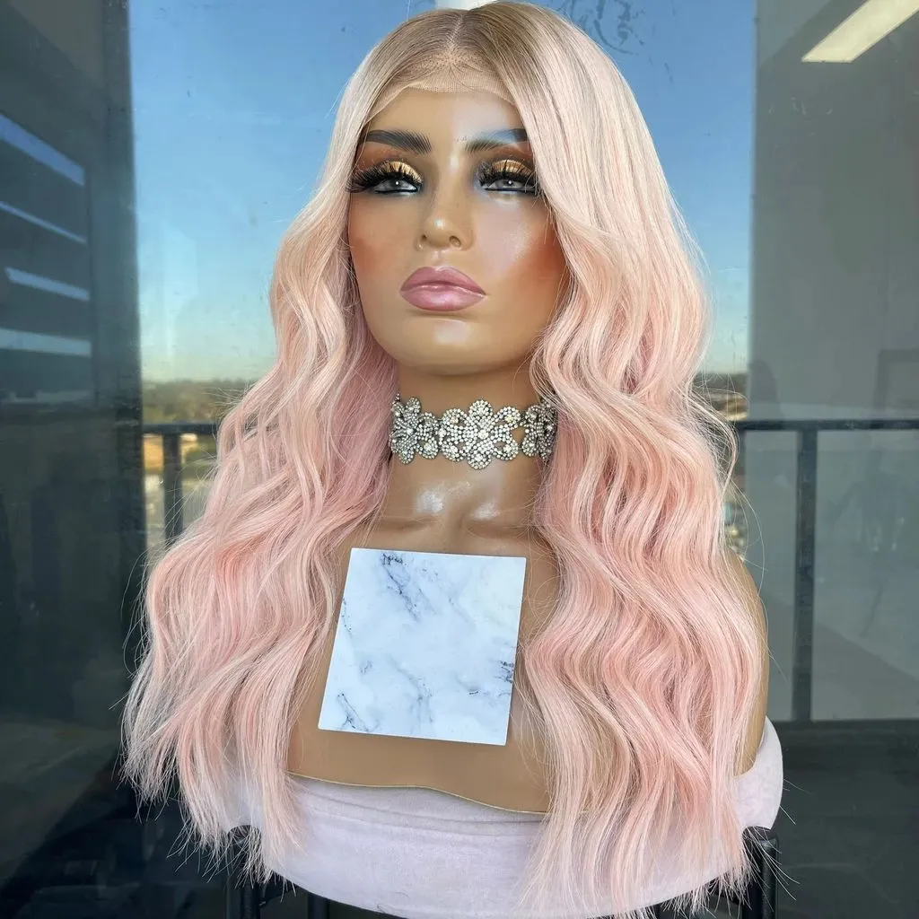 Licht roze gekleurde golf blonde ombre 13x6 transparante kanten voorpruik menselijk haarpruiken met babyharen voor vrouwen natuurlijke haarlijn remy full lacewigs 13x4 frontaal