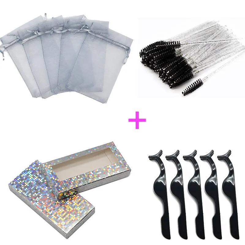 Faux cils 50pcs 4 en 1 sac d'emballage de cils en vrac brillant paillettes couleur boîte rose avec brosses et pinces à cils