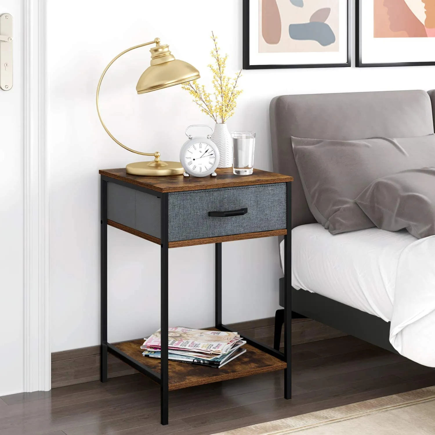 Nightstand 2-Tier End Table with 1 Fabric Drawer Modern Bedroom Furniture Dresser Storage Organizer and Open Shelf Accent Desk