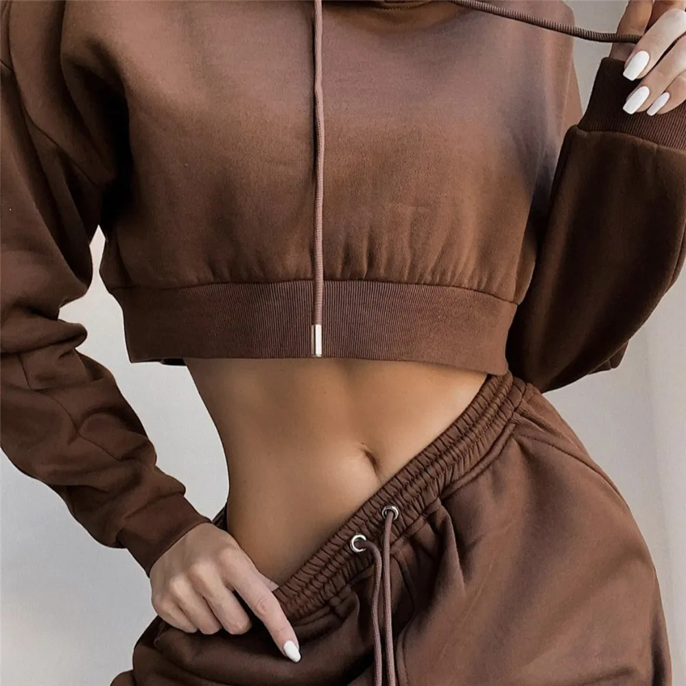 Sporty Womens Tracksuit Set With Black Cropped Hoodie And