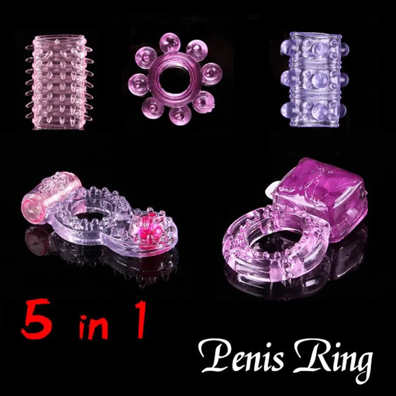 5 olika penis ringar, vibrerande ringar, kuk ringar, sexring, silikoncockrings, sexleksaker för män 5st / lot