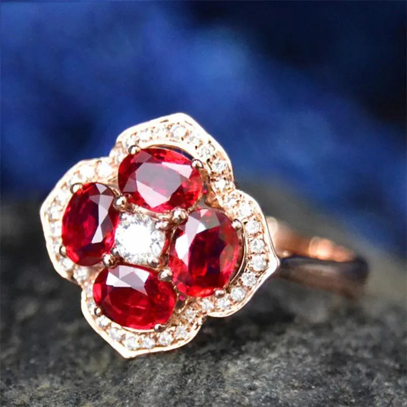 Bagues De Grappe Fleur 14K Or Rose Rubis Diamant Pour Femmes Femelles Anillos De Bizuteria À Votre Fête Bague Etoile Bijoux Diamante