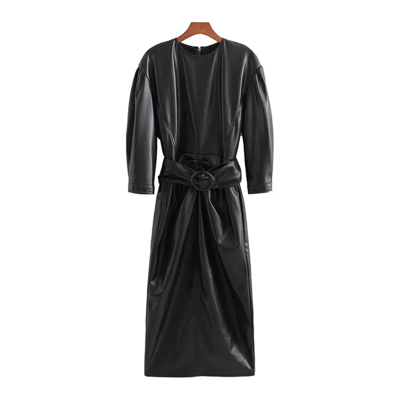 ビンテージ女性黒革サッシロングドレスファッションレディースフォールスリーブPU ES女性クールソリッドカラー210515