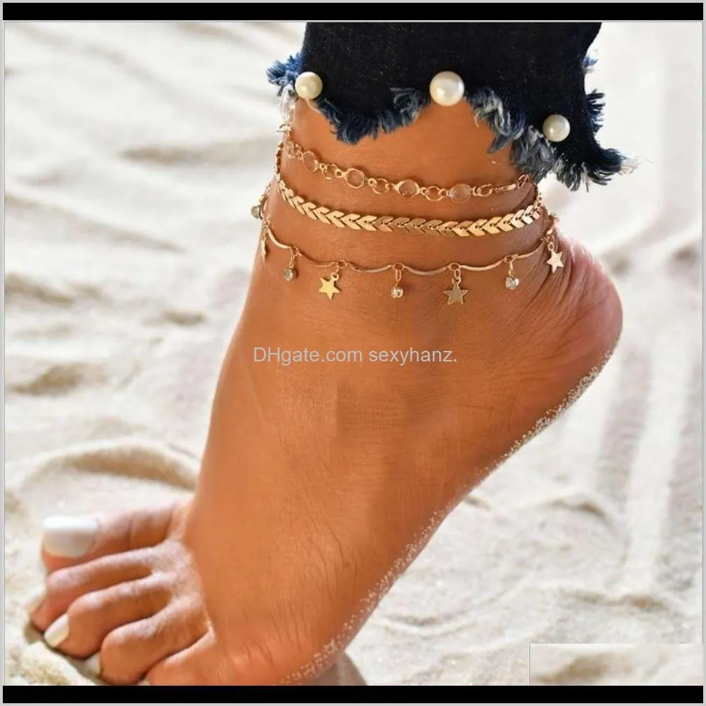 summer versatile popular jewelry women`s five pointed star with round alloy arrow anklet three piece set