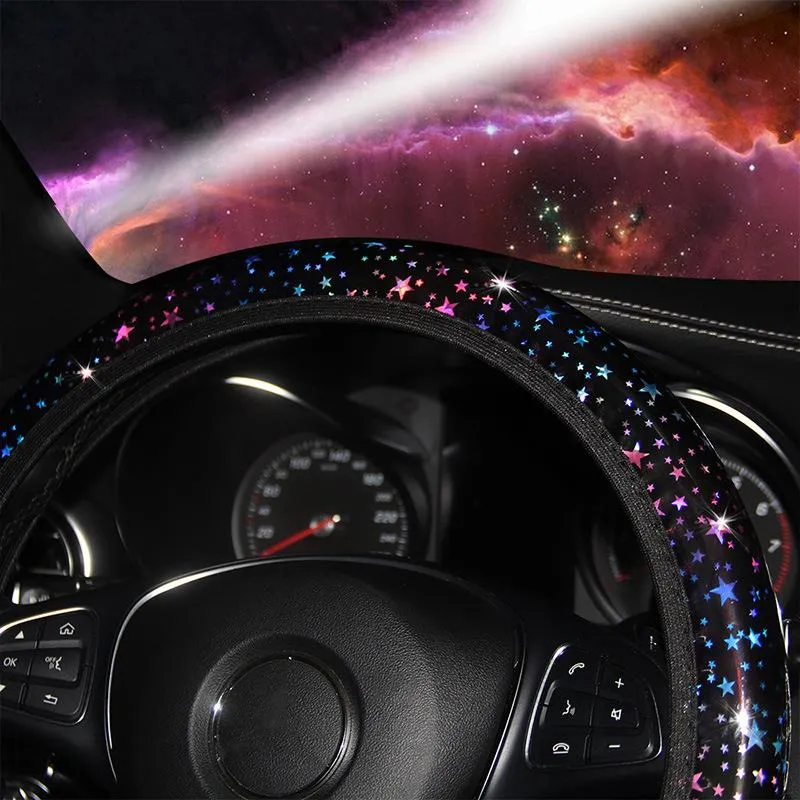 Coperchio del volante del bling Coperchio auto colorato Sky Starry PU Case di protezione a ruota sterzo in pelle adatta per l'auto-stile 37-38 cm