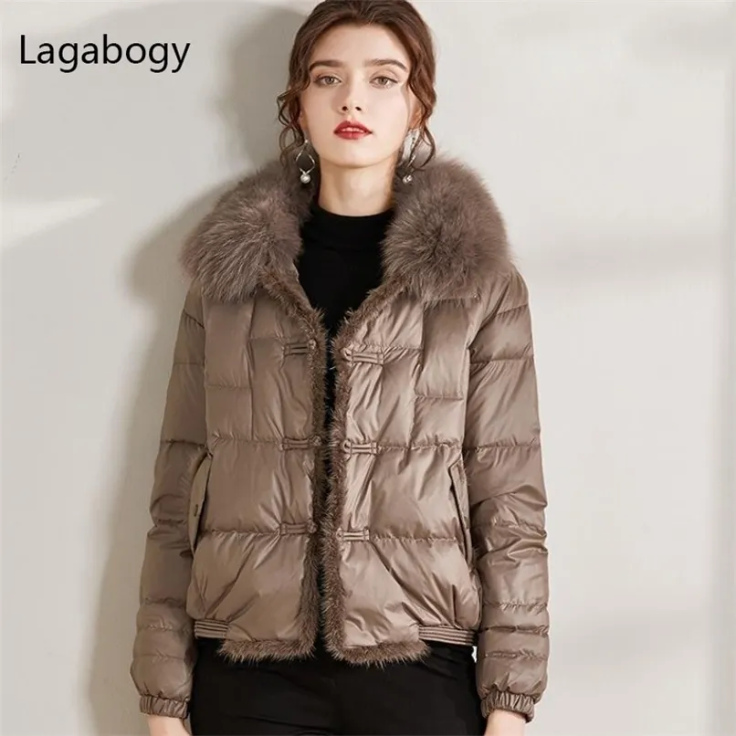 Lagabogy Real Fur Collar Winter Women 90% White Duck Down Jacket Panie Krótkie Ciepłe Puffer Płaszcz Kobiet Luźne Vintage Parka 211108