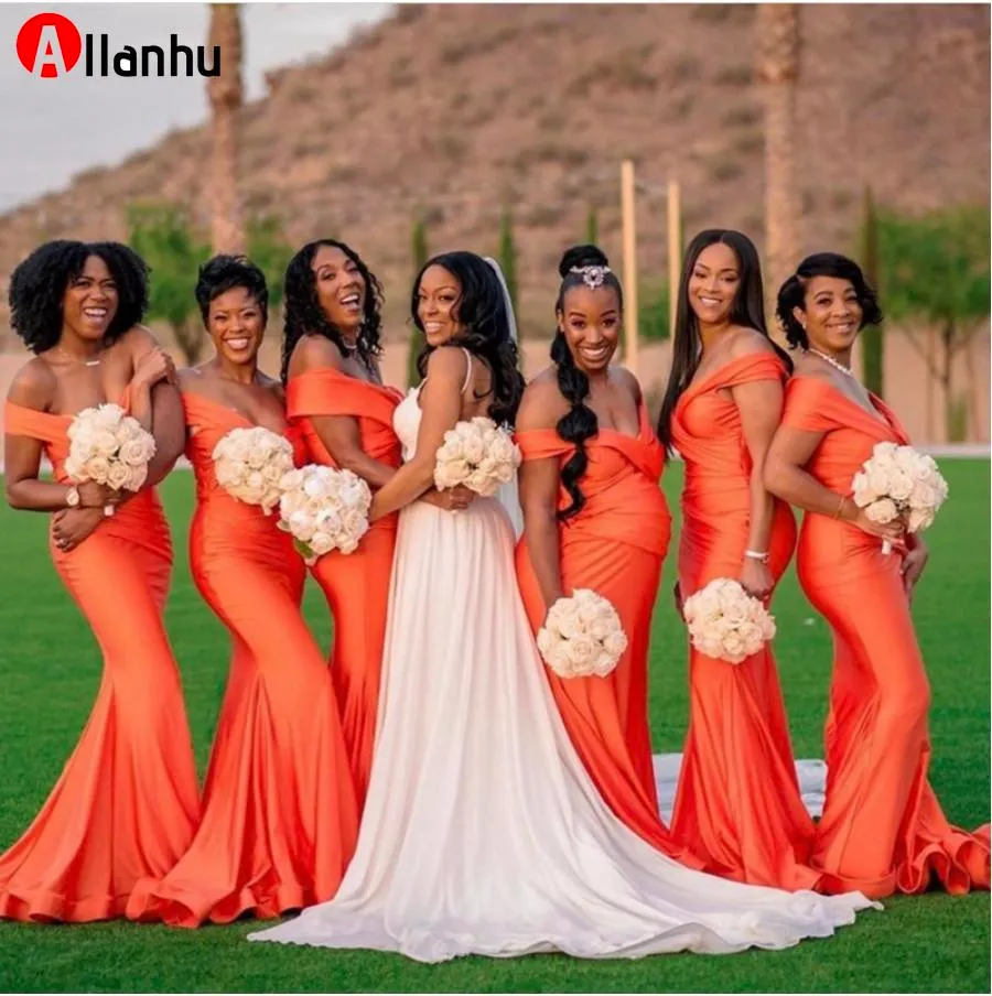 NEW! 2022 Off Shoulder Mermaid Bridesmaid Dresses African Women Long Orange Wedding Party Dress Customize Robe De Soiree De Mariage